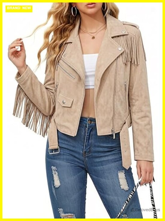 Jackets & Blazers - Faux Leather Moto Jacket with Tassel Trim, Belted, Zipper Closure